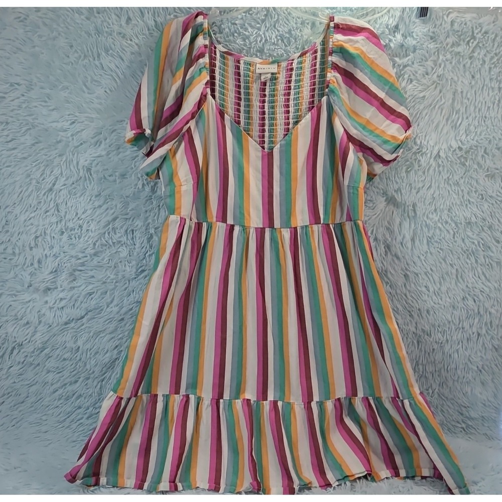 Ava & Viv Women's Plus 1X Multicolor Vertical Stripe Flutter Sleeve Dress Pocket